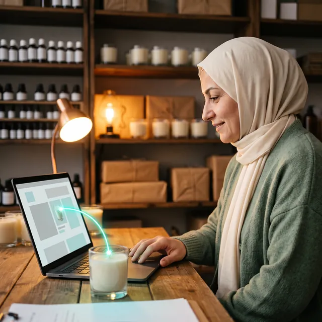 Ev kokusu dükkânının arka ofisinde başörtülü bir girişimci laptopunda çalışıyor; turkuaz çizgi masadaki mumdan ekrandaki ürün kartına uzanıyor — ürün Stokzone ile online mağazada.